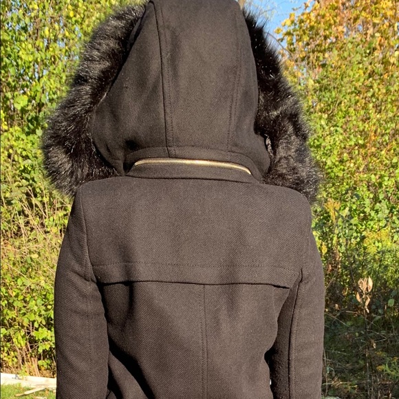 Zara Black 75% Wool Winter Jacket coat Hood with black fur metal Buckel pocket S - Picture 10 of 16